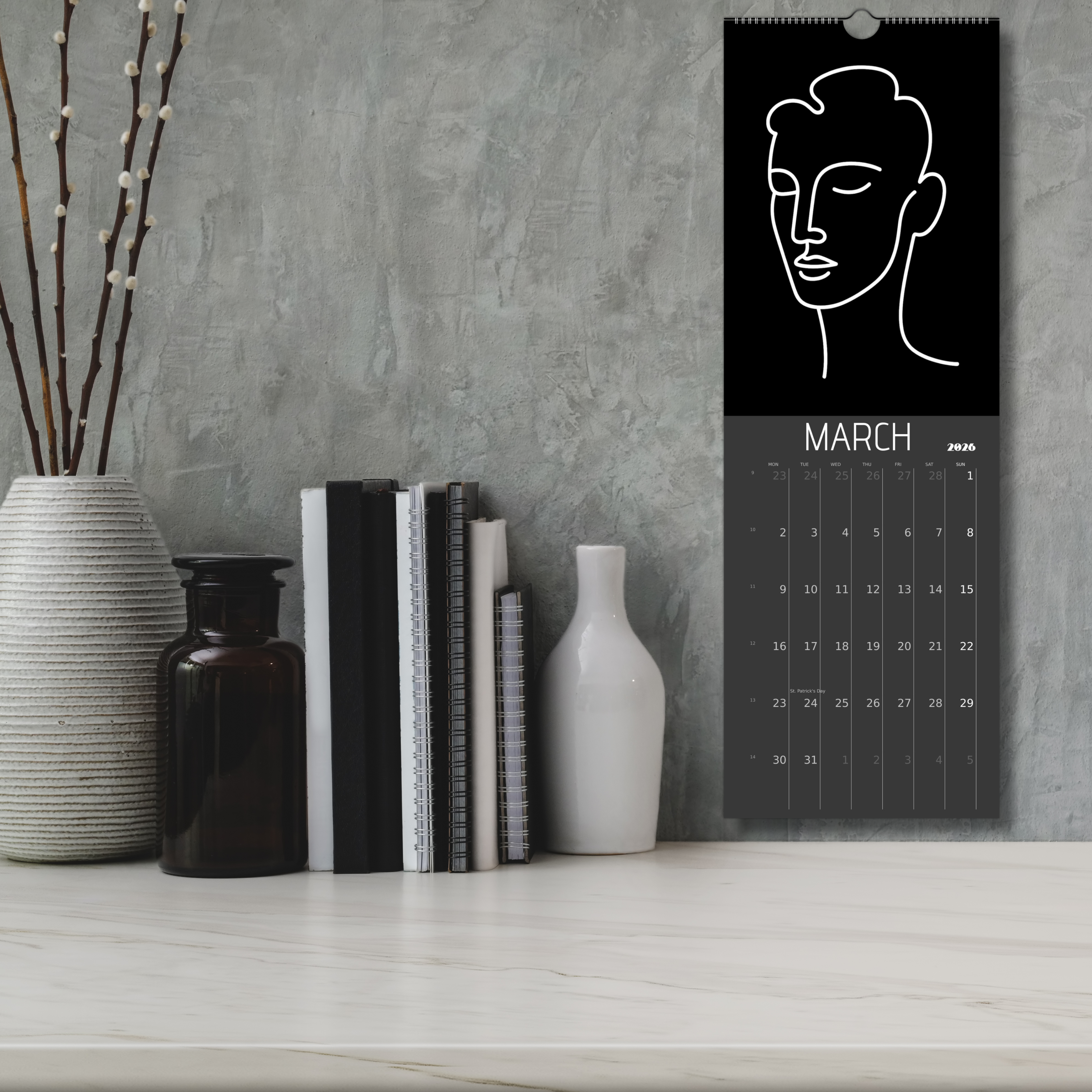 Front Facing 2026 Black Wall Calendars (US & CA)